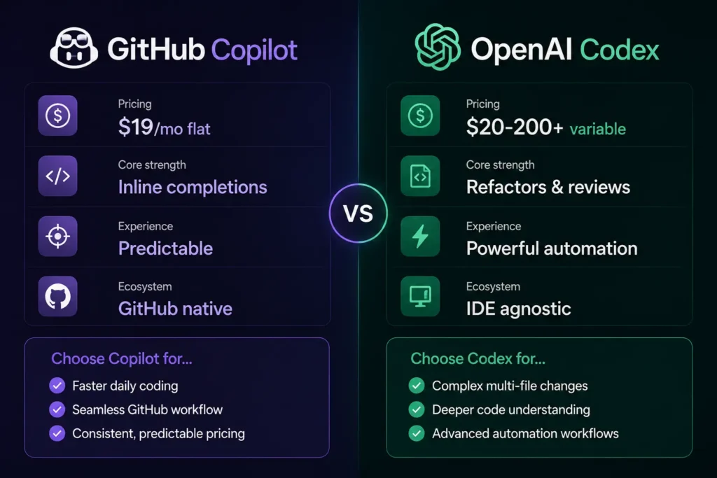 GitHub Copilot vs OpenAI Codex pricing and feature comparison split screen