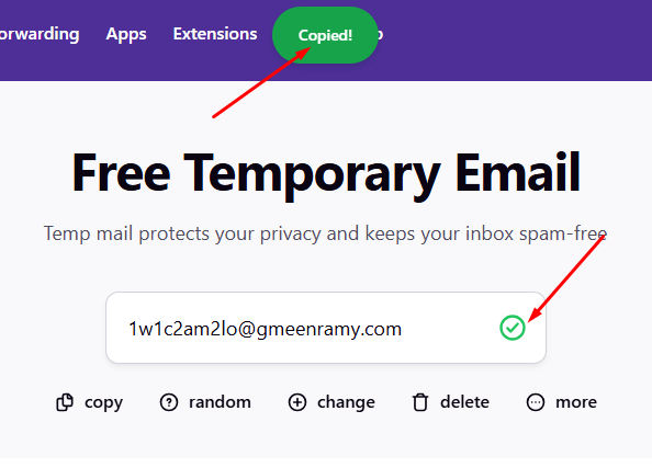 Copy the temporary email address