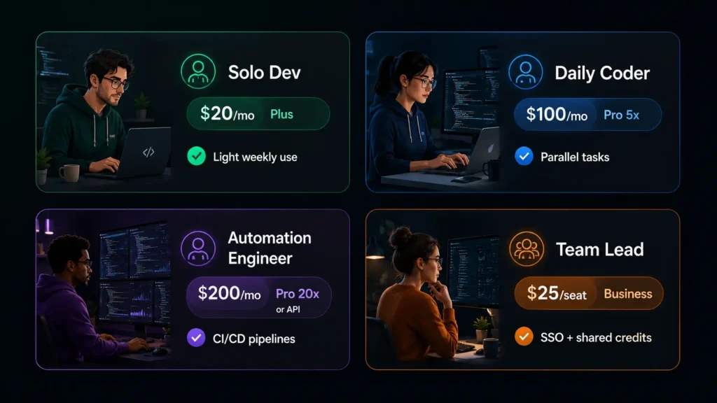 Codex plan recommendations by developer persona: solo, daily, automation, team
