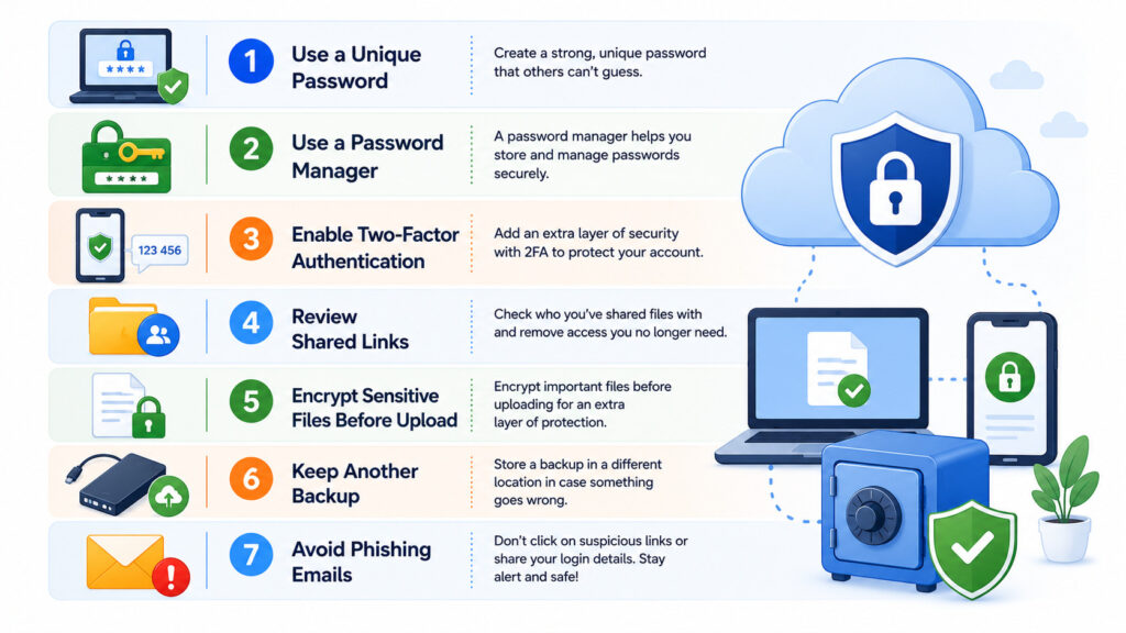 Cloud storage account security checklist with password two-factor authentication backups and safe sharing