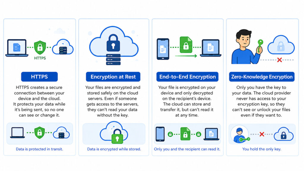 Simple comparison of HTTPS end-to-end encryption and zero-knowledge encryption
