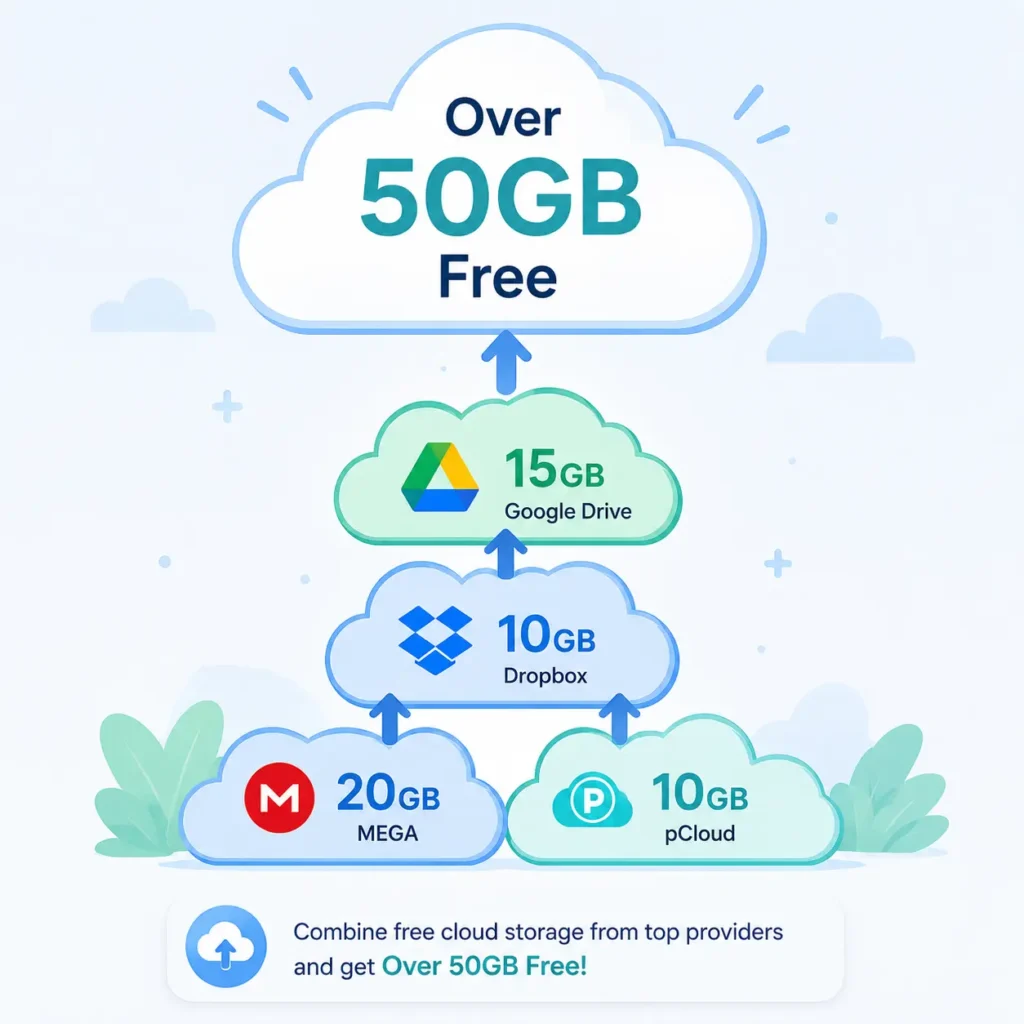 Diagram showing how to stack free cloud storage tiers to reach over 50GB free