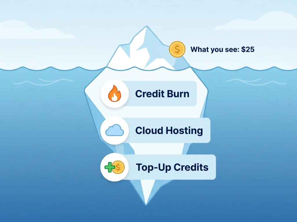Lovable hidden costs iceberg showing credit burn and cloud hosting fees