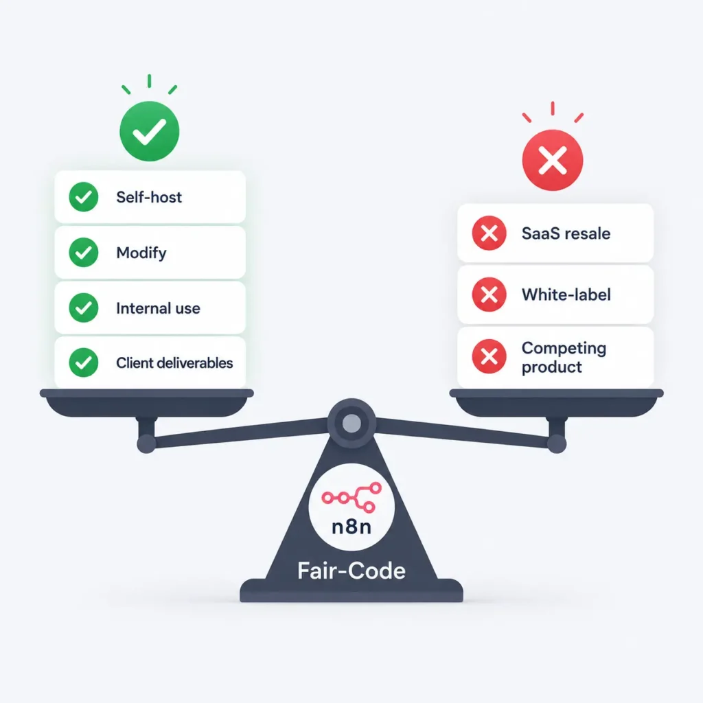 Balanced scale showing permitted uses (self-host, modify, internal) vs prohibited (SaaS resale, white-label)