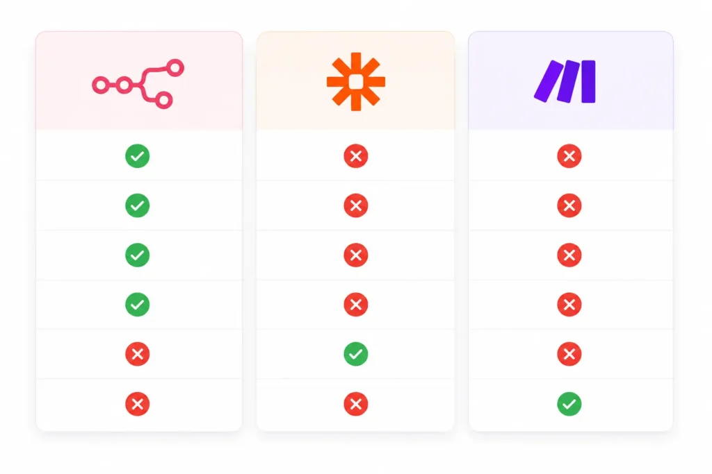 Side-by-side comparison of n8n Zapier Make across self-hosting, code nodes, AI agents, pricing model, integrations
