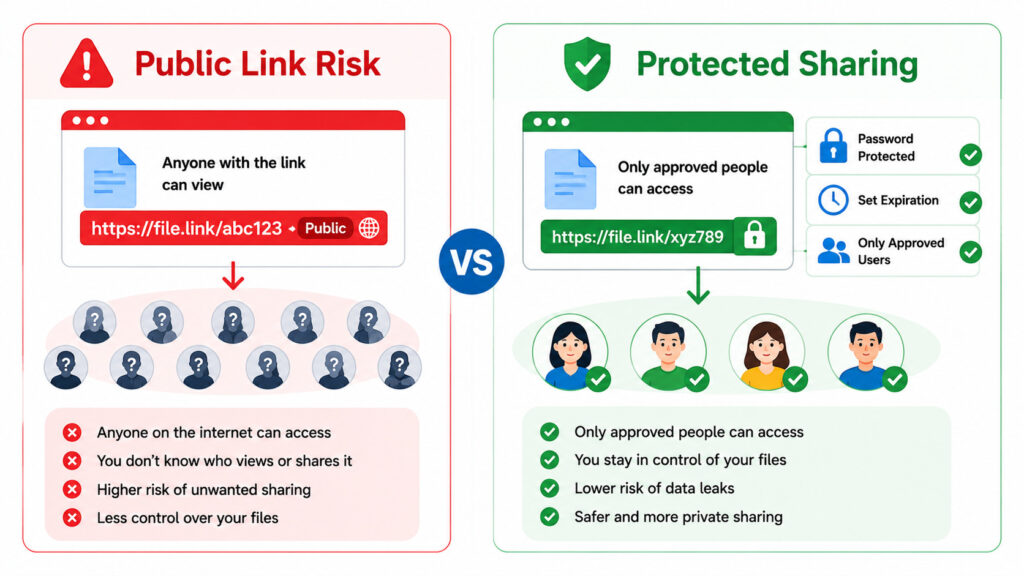 Comparison of risky public cloud file links and secure password protected sharing links