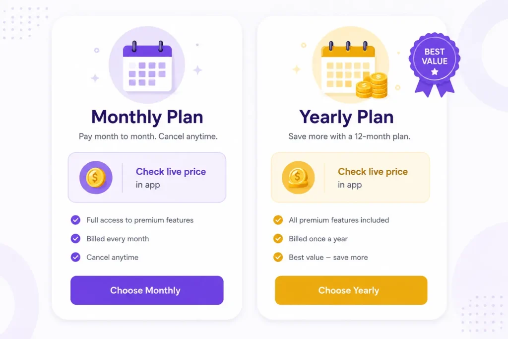 Snapchat Plus price plans monthly and yearly comparison concept