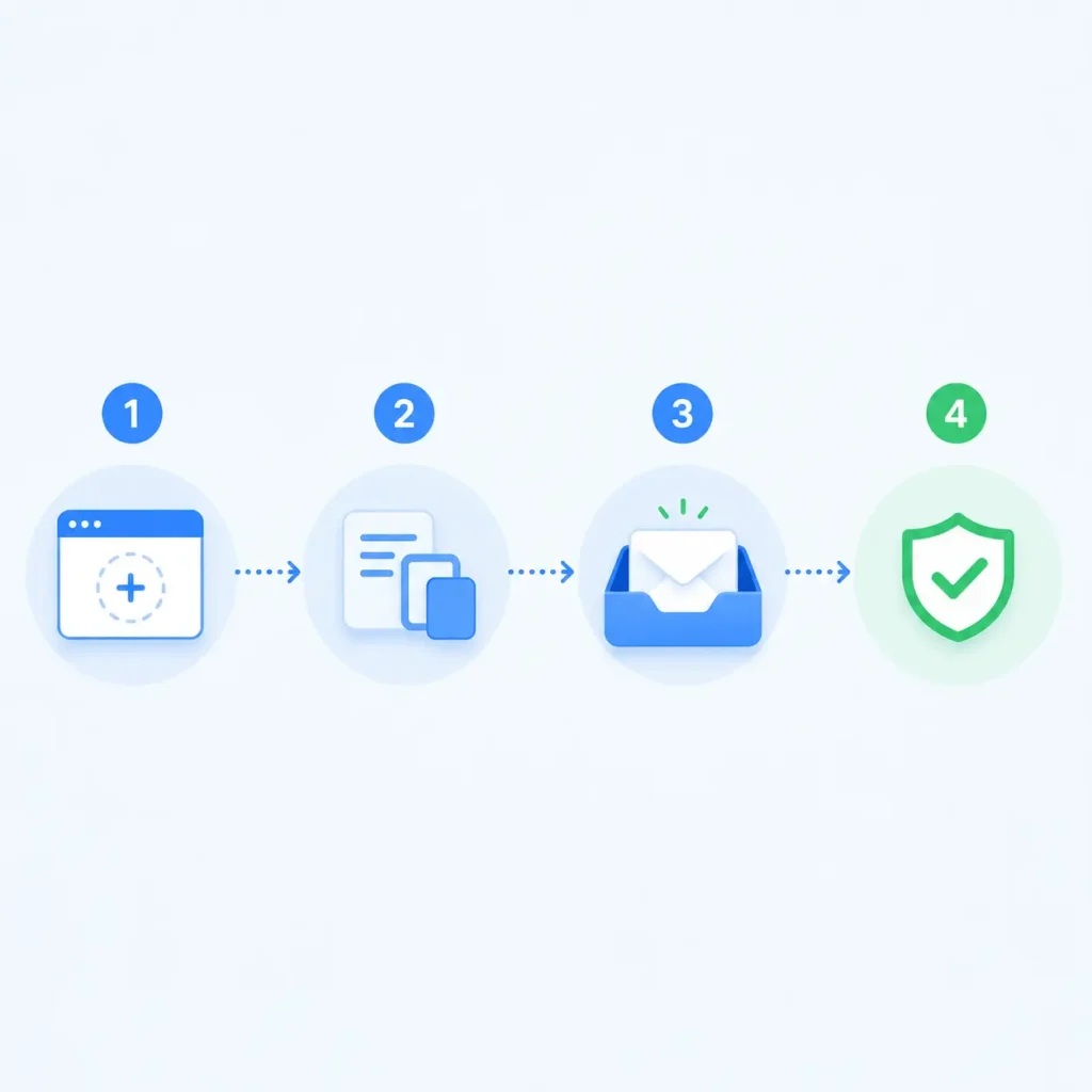 Four step icons showing how to generate, copy, receive, and verify a temporary email for TextNow