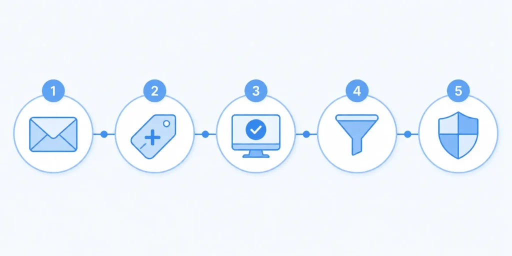 Five step visual guide for signing up to Canva safely using a real email and inbox filter