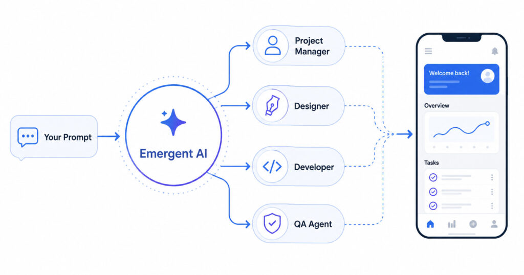 Diagram showing how Emergent AI uses a multi-agent system with project manager, designer, developer and QA agents to build an app from a text prompt