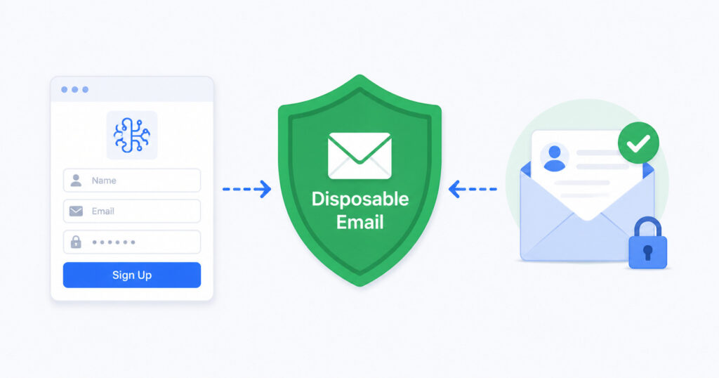 A disposable email shield protecting a user's real inbox when signing up for Emergent AI, showing how temp mail blocks spam from reaching your personal address
