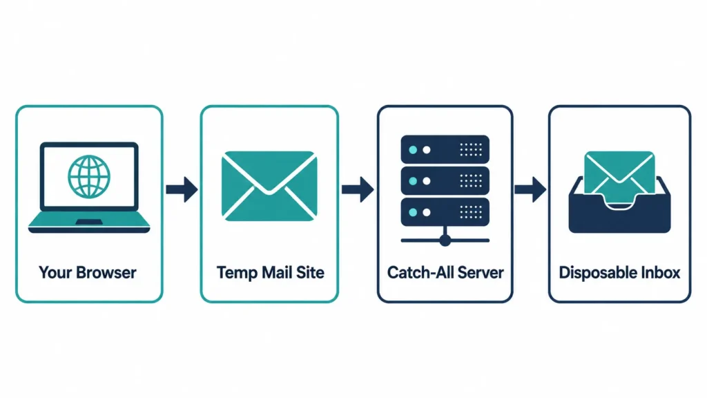 Step-by-step diagram showing how Temp Mail Ninja's catch-all server creates and delivers a disposable email address