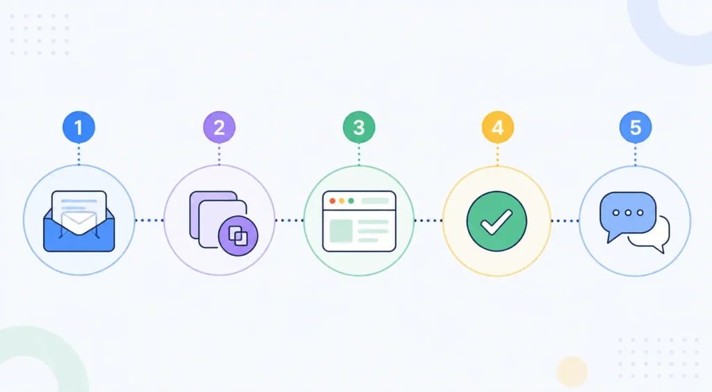 Five-step visual guide for signing up to Claude AI using a temporary email address