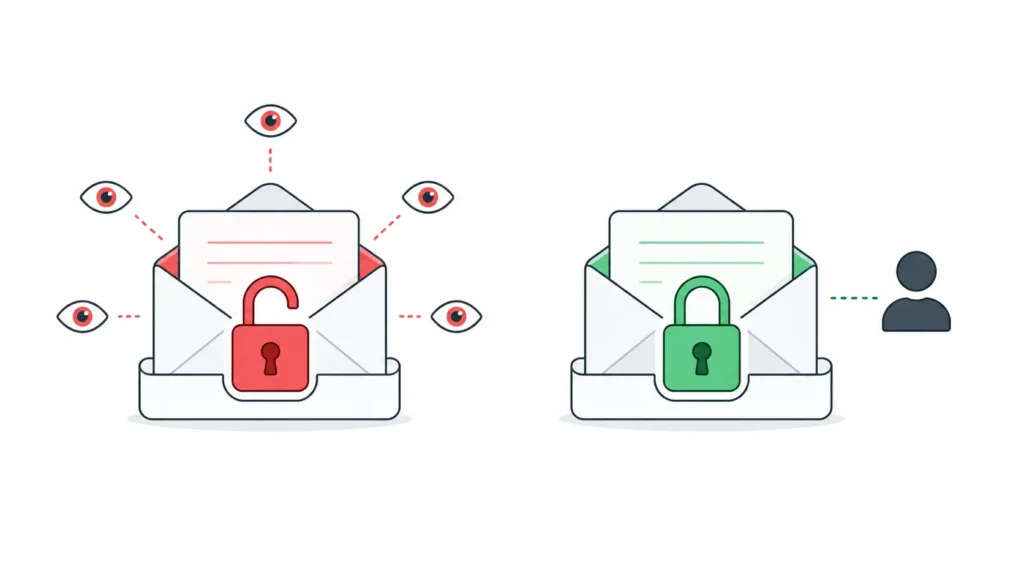 Comparison showing a public disposable email inbox versus a private password protected inbox