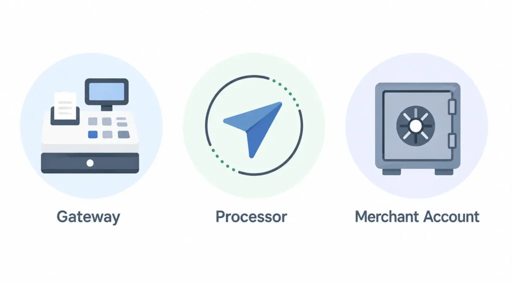 Simple diagram comparing a payment gateway, payment processor, and merchant account