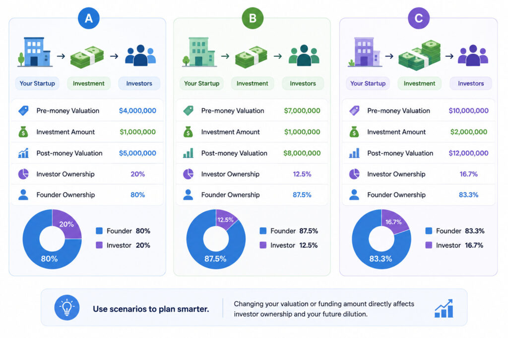 Startup fundraising scenarios showing valuation, investment, and investor ownership