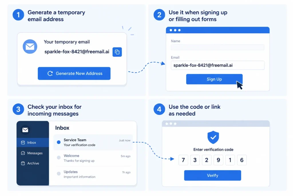 Four step guide showing how to generate a temporary email and use it to verify a new account