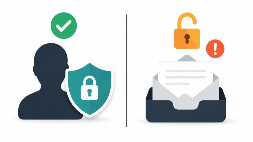 Split illustration comparing anonymity versus privacy when using a Temp Mail Ninja disposable email address