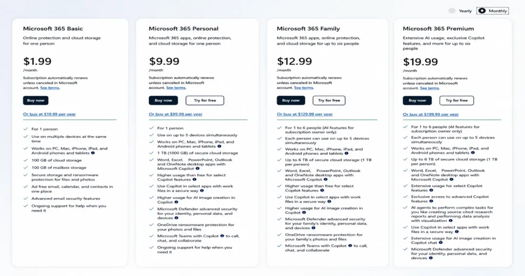 OneDrive storage plans showing Microsoft 365 Basic, Personal, Family, and Premium pricing