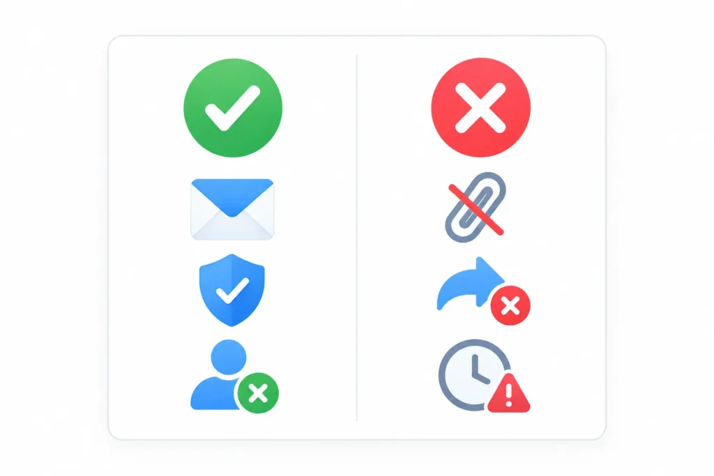 Checklist showing what a temporary email can do versus its limitations including no attachments and no reply