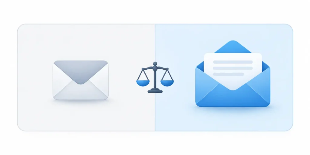 Side by side comparison of two free disposable email services with balanced scale showing feature differences