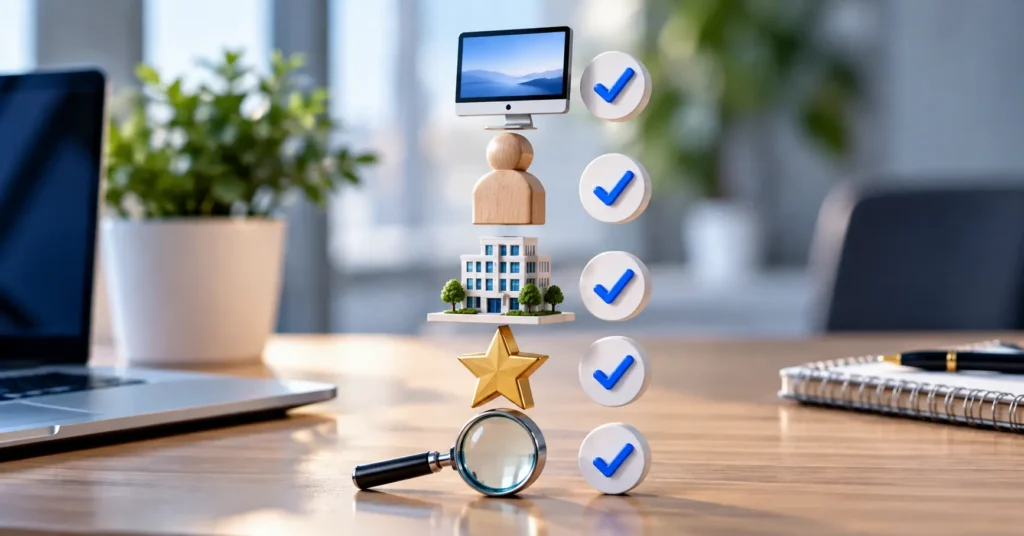 Five-step checklist icons for verifying if an AI company is legitimate
