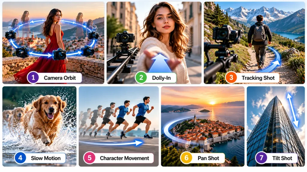Seven AI video camera and motion techniques including camera orbit, dolly-in, tracking shot, slow motion, character movement, pan shot, and tilt shot