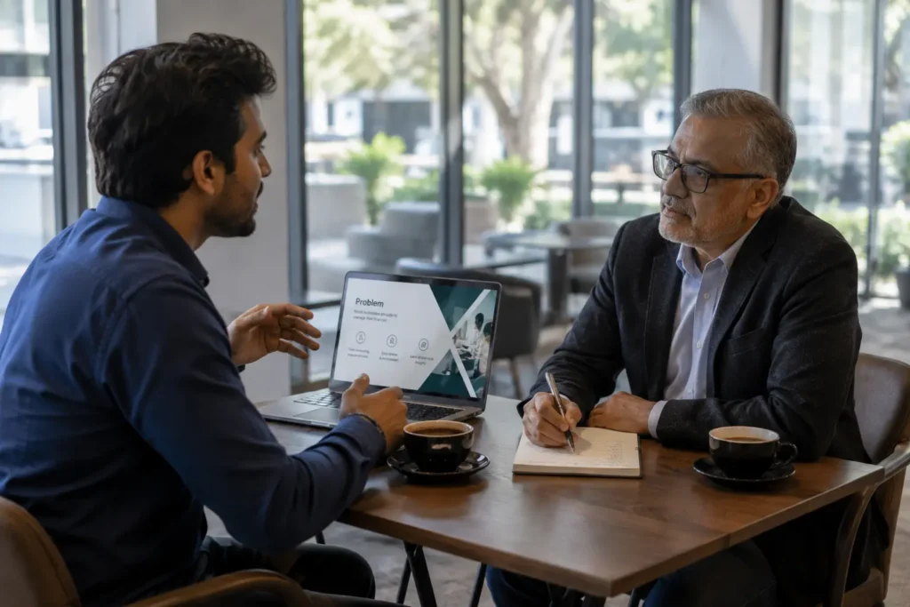Startup founder pitching a business idea to an angel investor at a cafe table with a laptop showing pitch slides