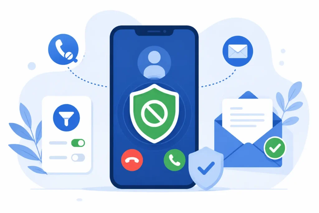 Smartphone shield illustration showing how to block United Client Solutions spam calls