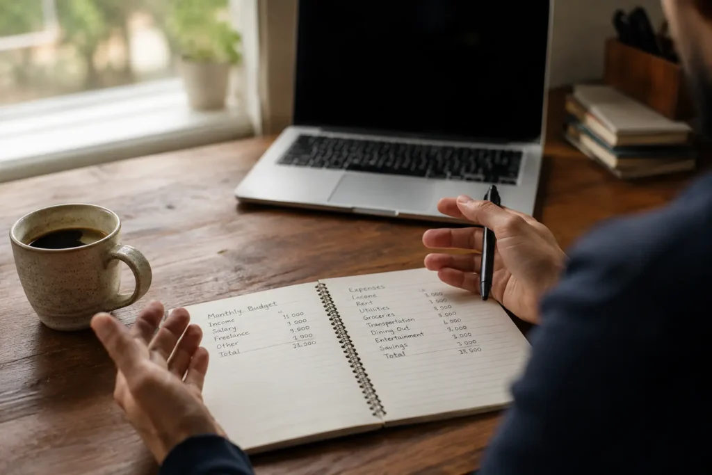 Founder reviewing personal savings and budget notebook at a home desk to fund a bootstrapped startup business