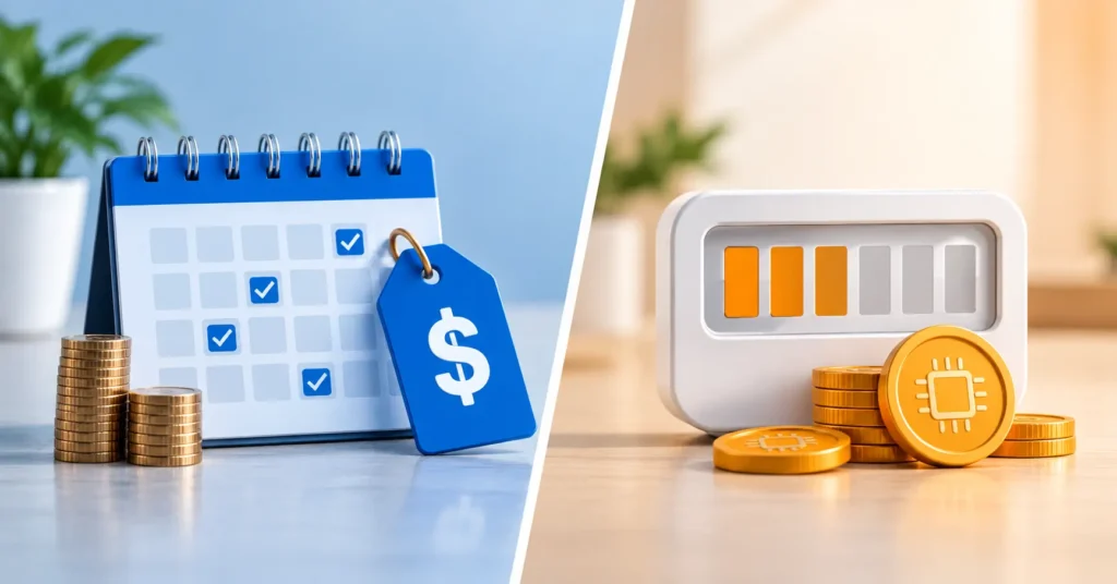 Split illustration comparing flat subscription billing to pay per token API billing