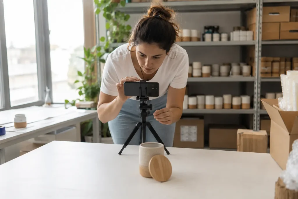 Small business founder photographing a product for a Kickstarter crowdfunding campaign in a bright workshop studio