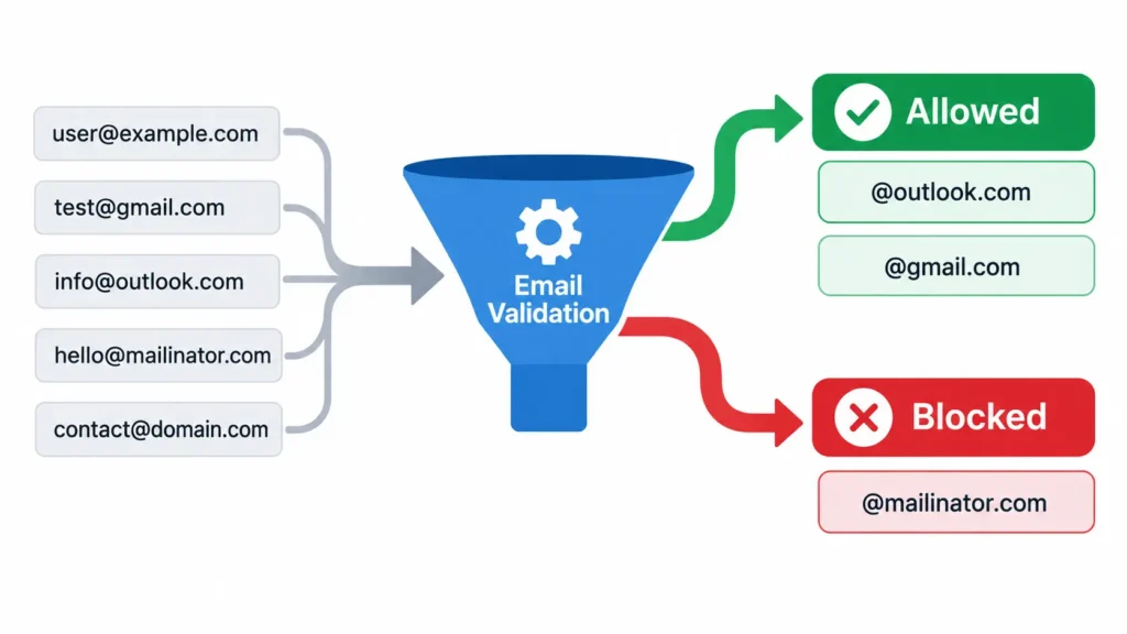 Email validation filter diagram for website signup forms showing disposable email addresses like mailinator.com blocked in red and trusted addresses like outlook.com allowed through in green