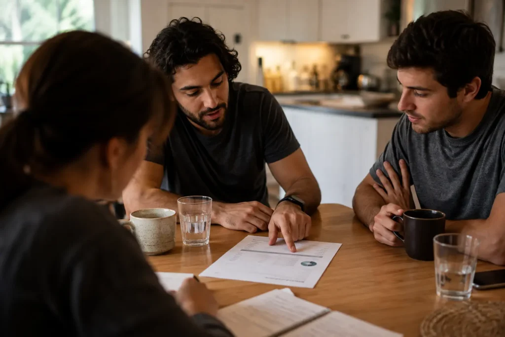 Friends and family members discussing an early-stage startup funding agreement at a kitchen table with a printed business summary