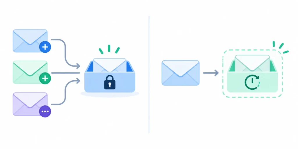 Diagram showing three Gmail plus alias variations all routing to one Gmail inbox on the left, and a single temporary email address routing to a separate expiring inbox on the right