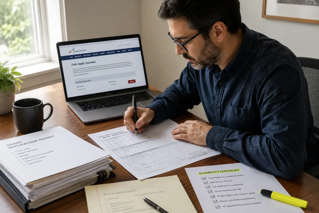 Startup founder filling out a government grant application form at a desk with a laptop showing the grants.gov website and organized documents