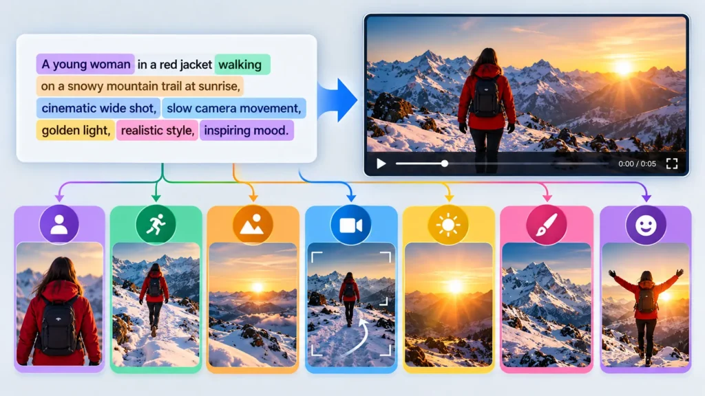 AI video prompt showing subject action setting camera lighting style and mood