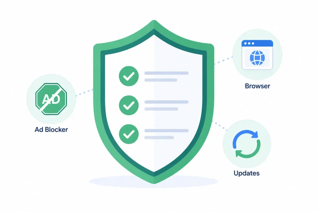 Shield and checklist icon representing steps to protect yourself from the YTMP3 virus