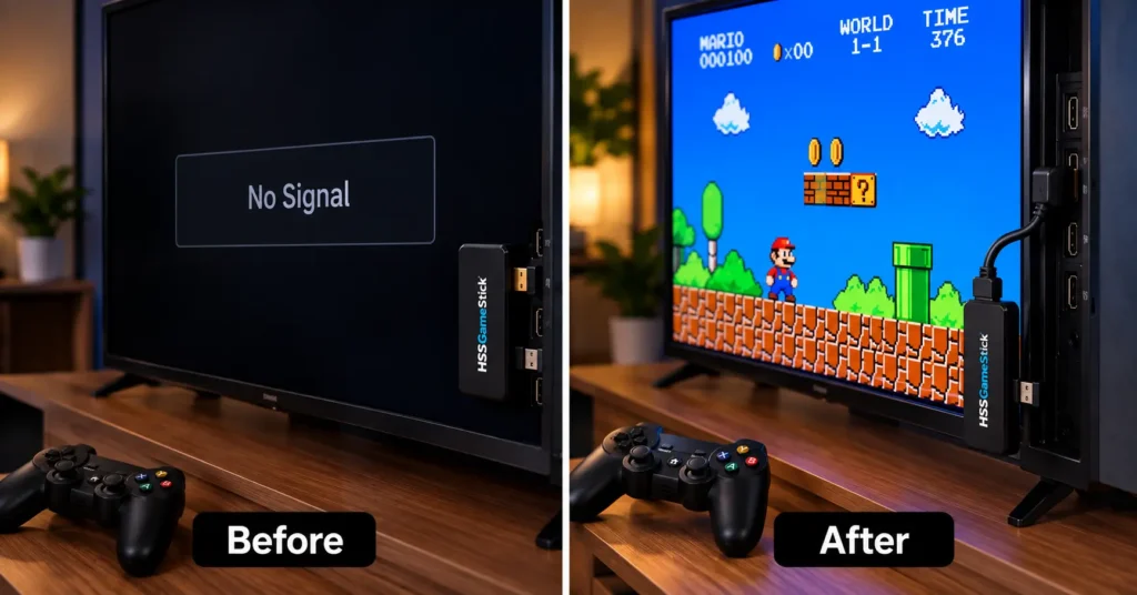 HSSGameStick troubleshooting comparison showing black screen no signal problem on the left and correct game display after fix on the right