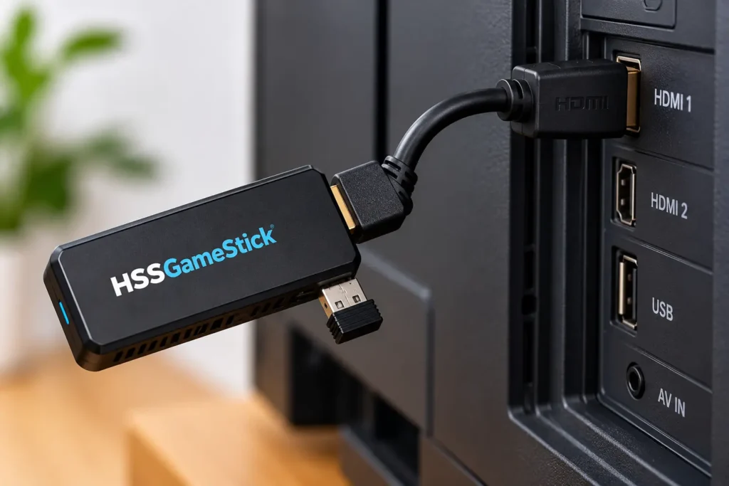 HSSGameStick connected to a TV HDMI port using an extension cable with the wireless dongle visible and free from interference