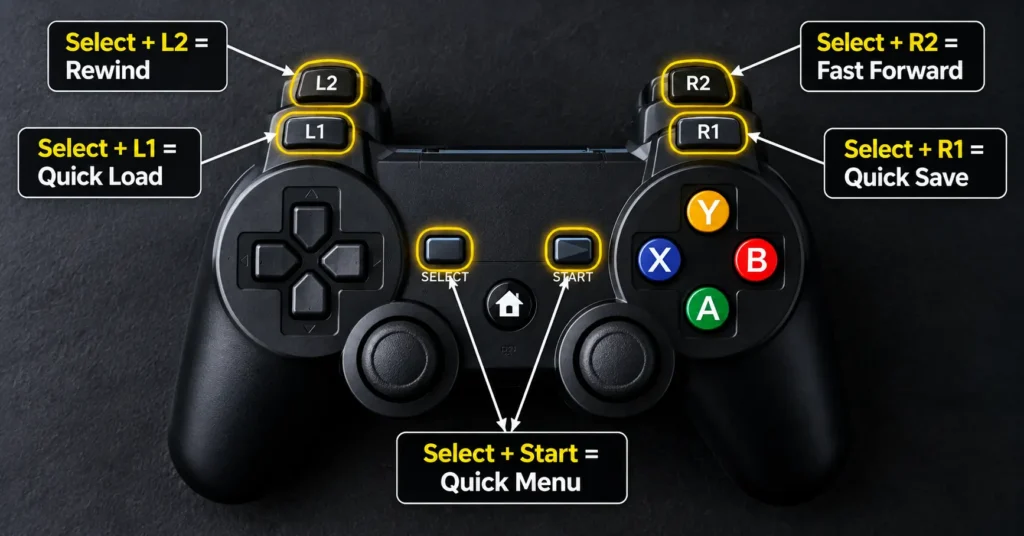 HSSGameStick wireless controller with Select R1 save state hotkey and Select L1 load state hotkey button combinations labeled