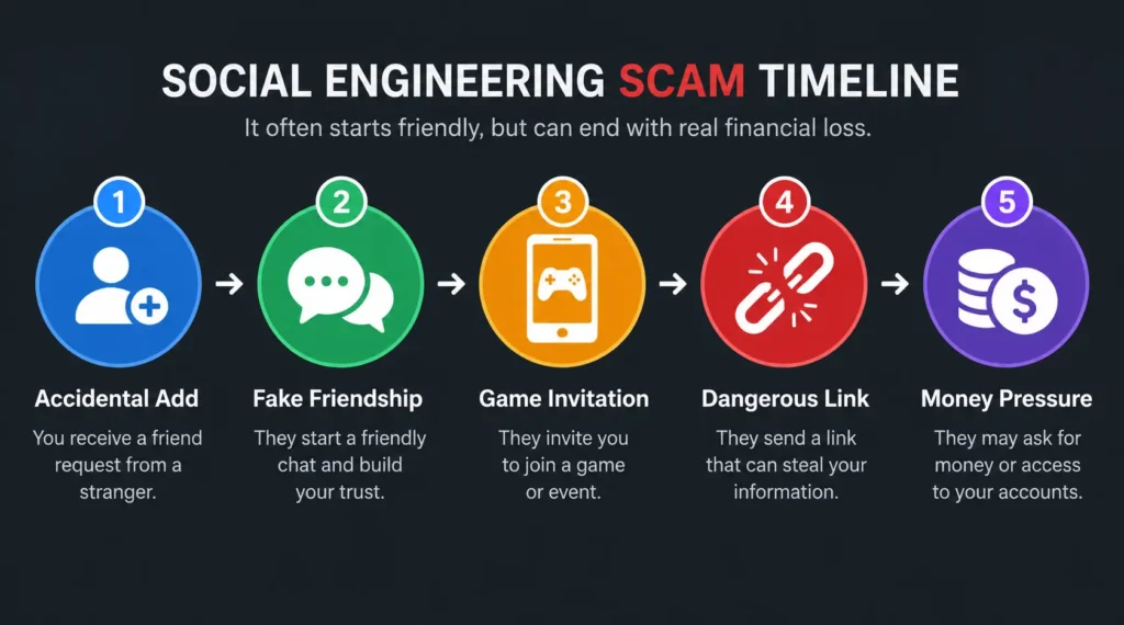 Five-stage diagram showing how the Infinity Kingdom Discord scam progresses from an accidental friend request to a malicious download link and financial pressure
