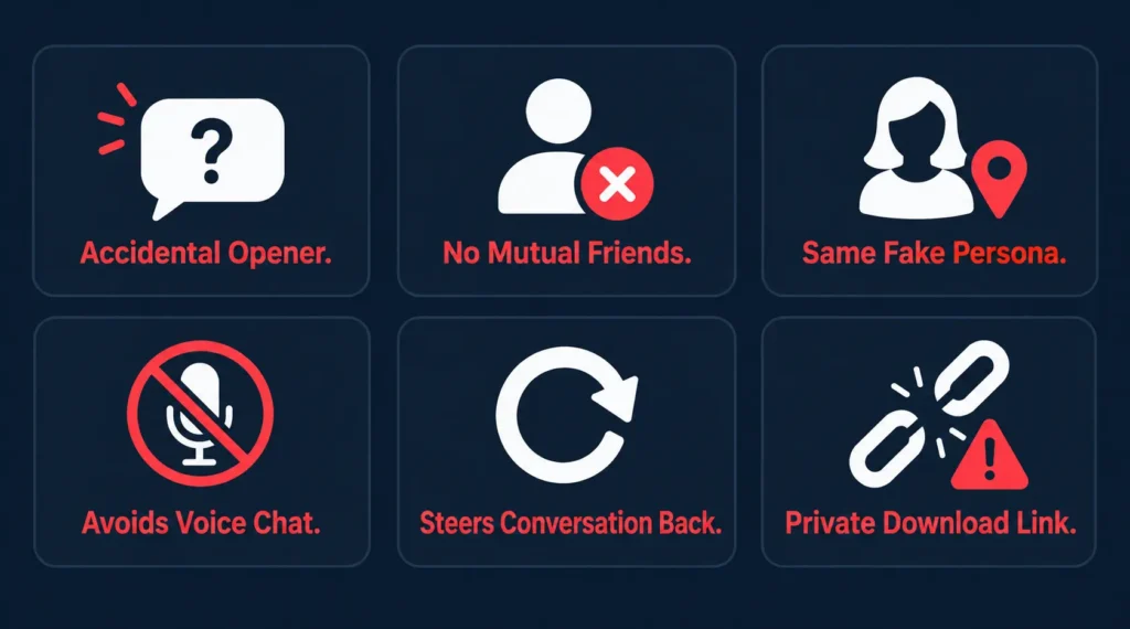 Six red flag warning signs for identifying the Infinity Kingdom Discord scam, including a fake persona, no voice chat, and a private download link