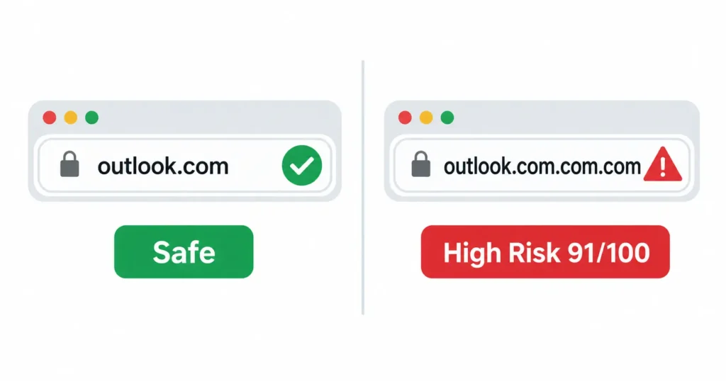 Two domain address bars side by side, left showing the real outlook.com with a green verified badge, right showing a fake copycat domain with a red high risk warning triangle