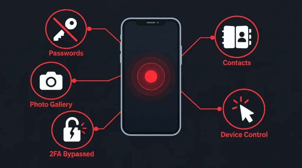 Smartphone illustration showing five capabilities of the Remote Access Tool installed through the Infinity Kingdom Discord scam, including password theft and 2FA bypass
