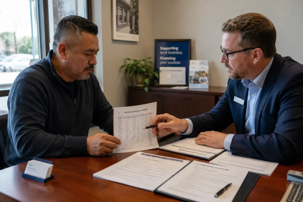 Small business owner reviewing loan documents with an SBA lender at a bank office desk to secure startup capital