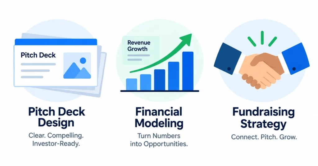 StartupBooted three consulting services: pitch deck design, financial modeling, and fundraising strategy