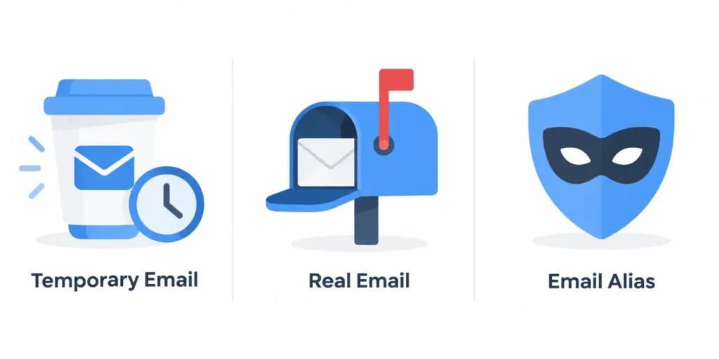 Comparison of temp mail, real email, and email alias options for social media accounts
