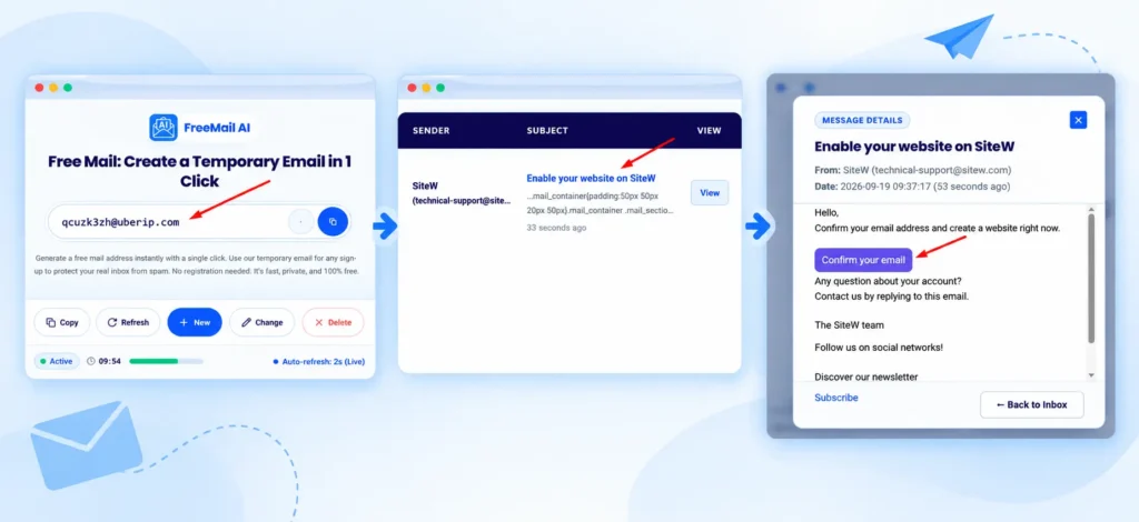 Temporary email verification process using FreeMail AI