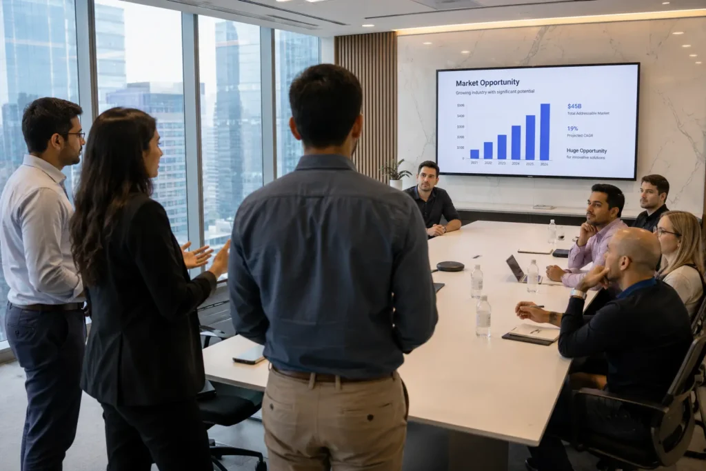 Startup team presenting a pitch deck to venture capital investors in a glass-walled conference room with a city skyline in the background